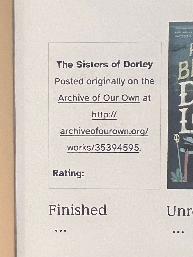 A photo of an ereader screen showing The Sisters of Dorley from Archive of Our Own, it's url, and under it: 'Finished'