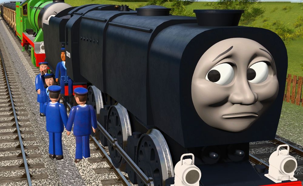 Trainz screenshot. Neville's driver is waving up to Neville, who is looking back nervously.