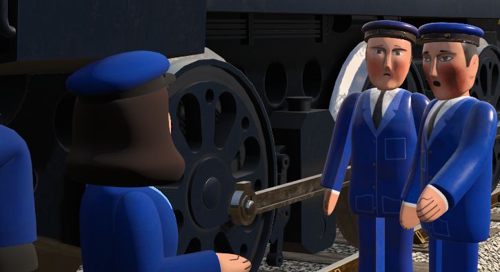 Trainz screenshot. Henry's crew are explaining their worries to Neville's crew.