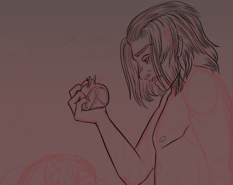 cropped sketch of Emet-Selch, nude, holding a pomegranate and looking down at Azem below him