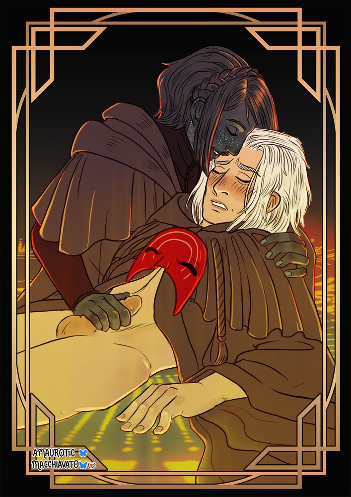 illustration of Emet-Selch lying on the ground in the arms of a male Azem. Underneath them is Azem's glowing summoning sigil with which he called Emet. Both men's eyes are closed, Azem is smiling as he slowly strokes Emet's erection. Emet is blushing and flushing from arousal from the touch.