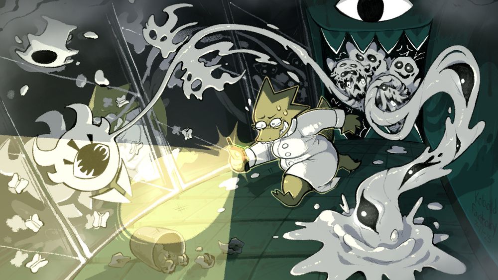Dr Alphys from Undertale running away from the amalgamates who are chasing her down a long hallway with mirrors lining one side