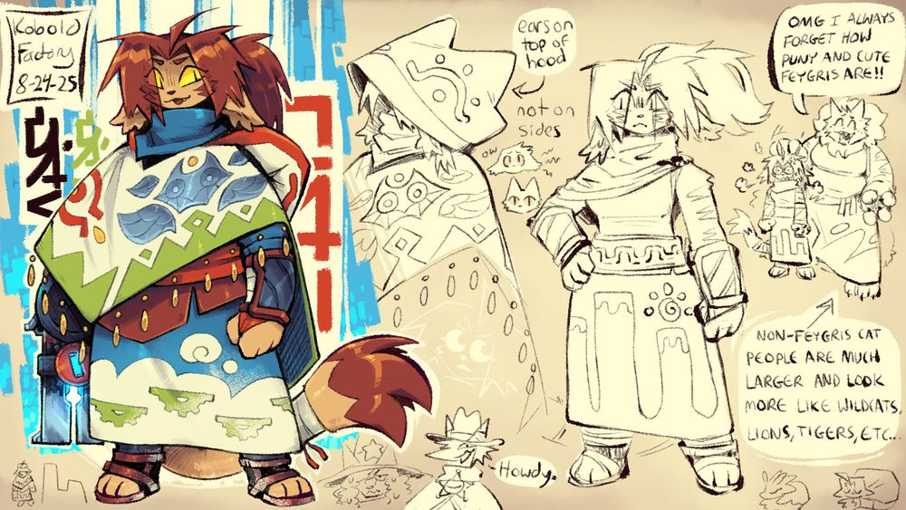 Isaac (he/she) is a short anthropomorphic orange cat with large parted bangs and a long ponytail (sometimes braid). in this picture he is wearing a vibrantly colored set of robes with custom iconography all over it.
