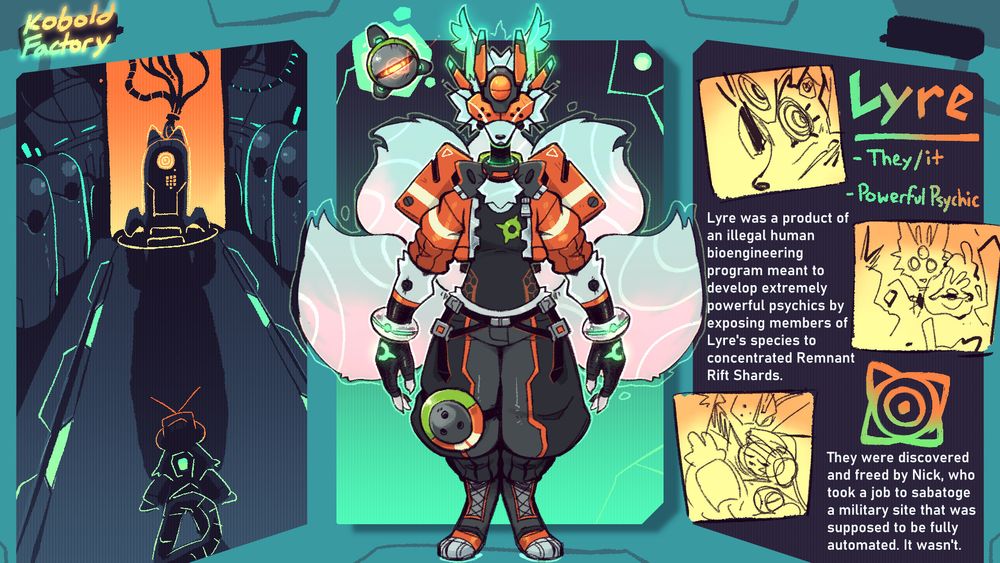 Lyre (they/it) is a tall white fox wearing a red and grey outfit. They have a mechanical mask that covers their eyes. It has a slot for a "third eye" in the middle of it. 
Lyre also has a little drone that it constantly powers and maneuvers with its psychic abilities to focus some of the excess energy to prevent it from getting out of control. Like a psychic stim toy. 