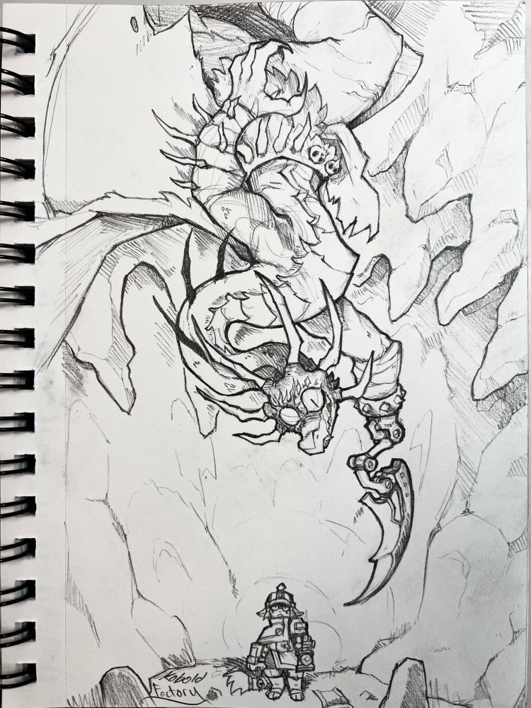 A pencil sketch of a large spindly dragon dangling from the ceiling of a cave poising a blade behind the head of an unsuspecting cat soldier on the floor below. 