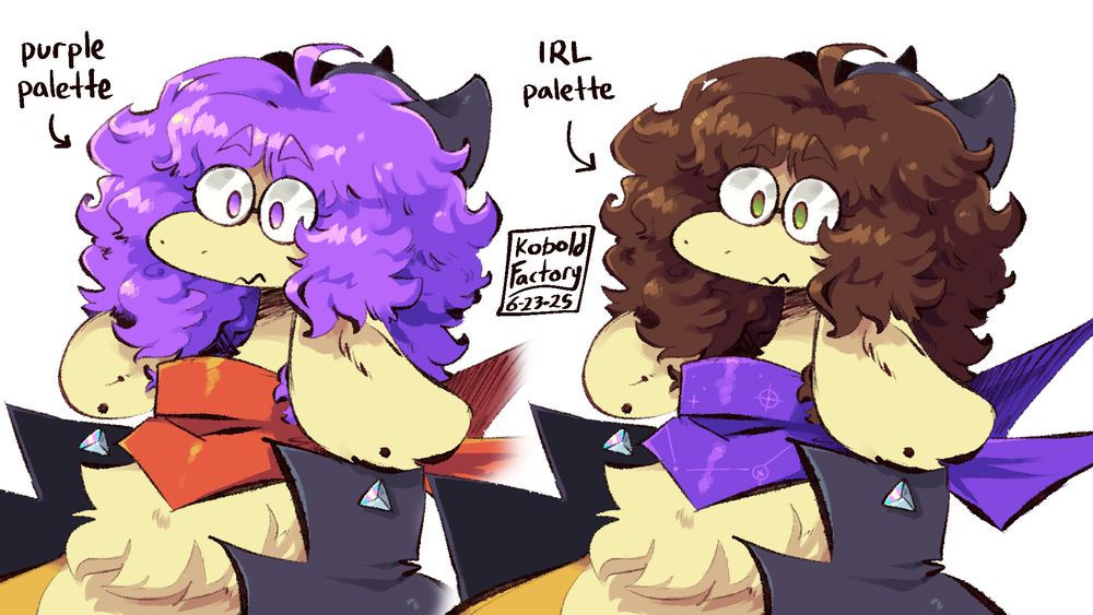 two drawings of my fursona's head with different color palettes. one has purple hair and a red scarf and the other has brown hair and a purple scarf. my fursona is a fluffy dragon with a long neck and glasses.