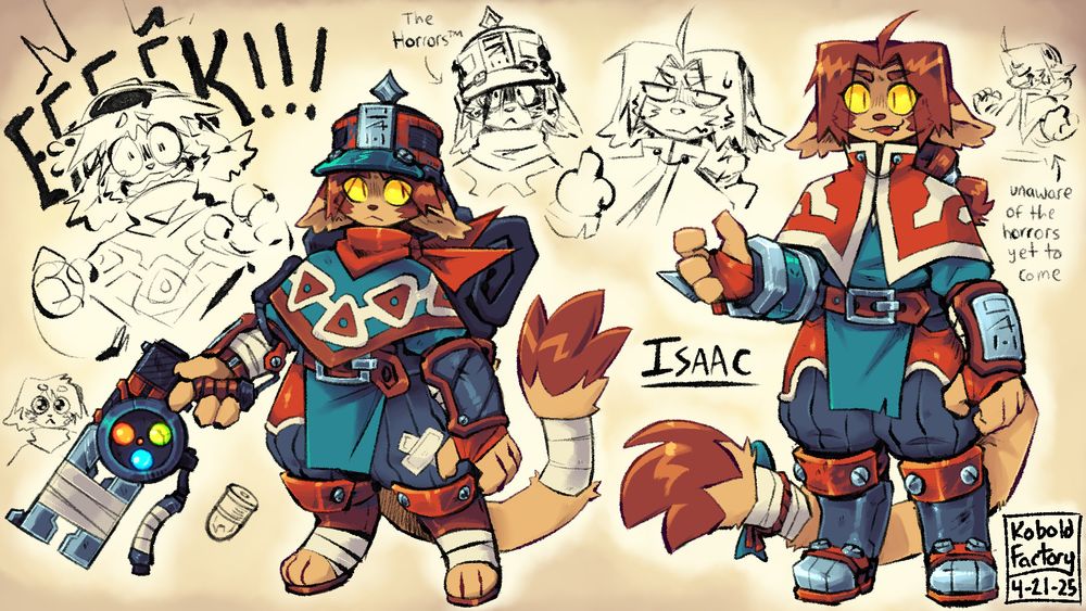 a design sheet of Isaac's (He/She) pre and post first timeskip designs. Isaac is a short anthropomorphic orange cat.

The younger Isaac on the left wears a poncho with a tethered triangle pattern across it. In this image he wields his trusty scrap cannon, a prototype weapon his mom was working on before she died. 
On the right of the image is Isaac's first timeskip design where he looks much more capable and confident. he has more armor, a new red overcoat, and a grappling hook on his right arm. she also wears her helmet less and has a long braid