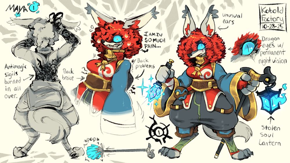 Maya (she/they) is an ambiguous species of anthropomorphic dog person with bright red curly hair and light grey fur. she wields a crystal knife in one hand and a cane in the other. The cane has a lantern hanging from it with a soul inside.

Maya has visible burned-in anti magic sigils all over her body. She has experimented on herself extensively in an effort to remove them to varying degrees of success. Such experiments also led to her developing crippling back pain and dragon-like eyes that can see perfectly in the dark, but fail to adjust for the day.