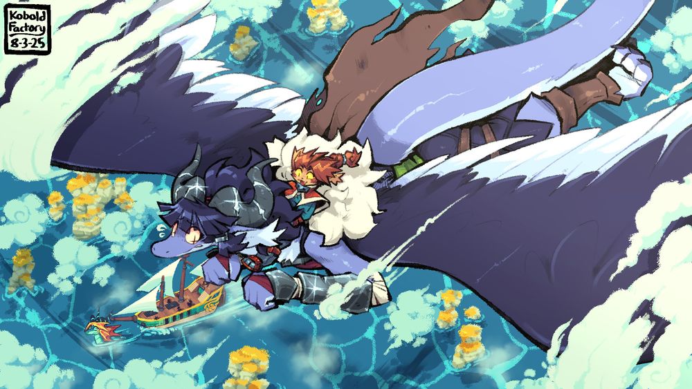 Branlin (a large greyish purple dragon) flying through the sky over the ocean with Isaac (small anthro orange cat person) on her back. She's anxious, as she has a fear of heights, and Isaac is encouraging her. below on the water sits a large boat pulled by a sea dragon with golden fins.