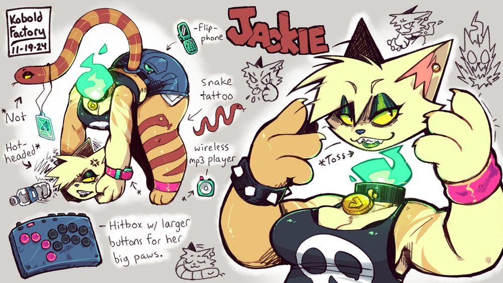 two drawings of my dullahan cat character Jackie. The left drawing is of her leaning down to recover her head after it had been knocked off by a thrown water bottle. She wears blue shorts and a crop top black tanktop with a skull drawn on it. She has various accessories like a spiked bracelet and bright pink arm and ankle sweatbands. Her necklace/collar tag is mean to look like some kind of gold arcade token. A bright greenish blue flame pours out of her neck where her head would have been attached.