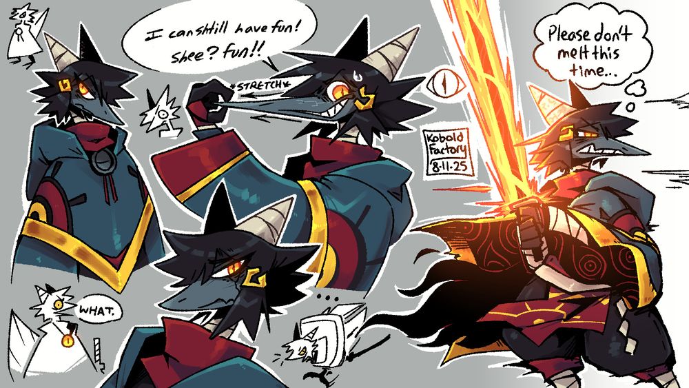various colored sketches of Zee (they/them), an anthropomorphic crow-like creature with horns. They wear red blue and gold robes and have shape shifting abilities. They can be seen here channeling intense fire magic into their sword, hoping it doesn't melt in the process. 