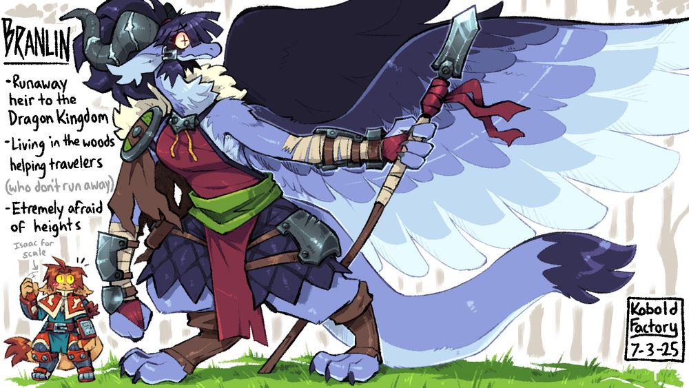 Image Description: Branlin is a tall anthropomorphic bluish grey dragon with large horns that are splitting to reveal a platinum interior. She has scrap armor made from modified pieces of metal and shields used by smaller species. She also wields a giant spear with a broken great-sword blade as the point.

Text Description: Branlin is the runaway heir to the Dragon Kingdom. She lives in the woods and helps travelers passing by (so long as they don't run away from her). She is also extremely afraid of heights and only flies in emergency situations.