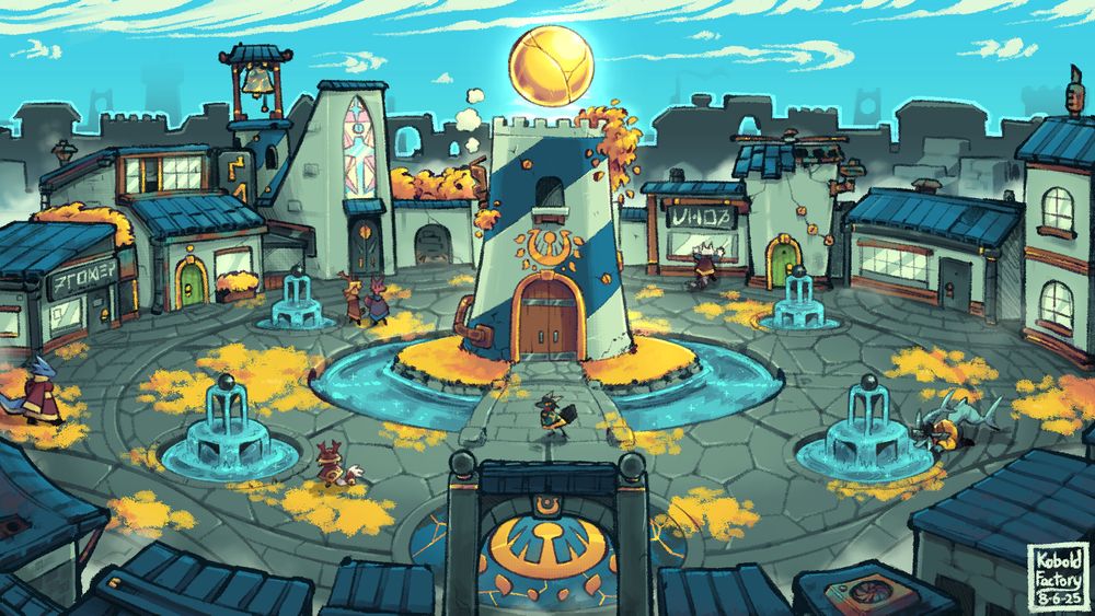 A large circular plaza surrounded by white buildings with blue rooftops. At the center of the plaza is a small tower with a spiral stripe pattern going up it surrounded by a small moat. floating above the tower is a golden orb with cracks in it. Various pedestrians are scattered about the plaza going about their days.