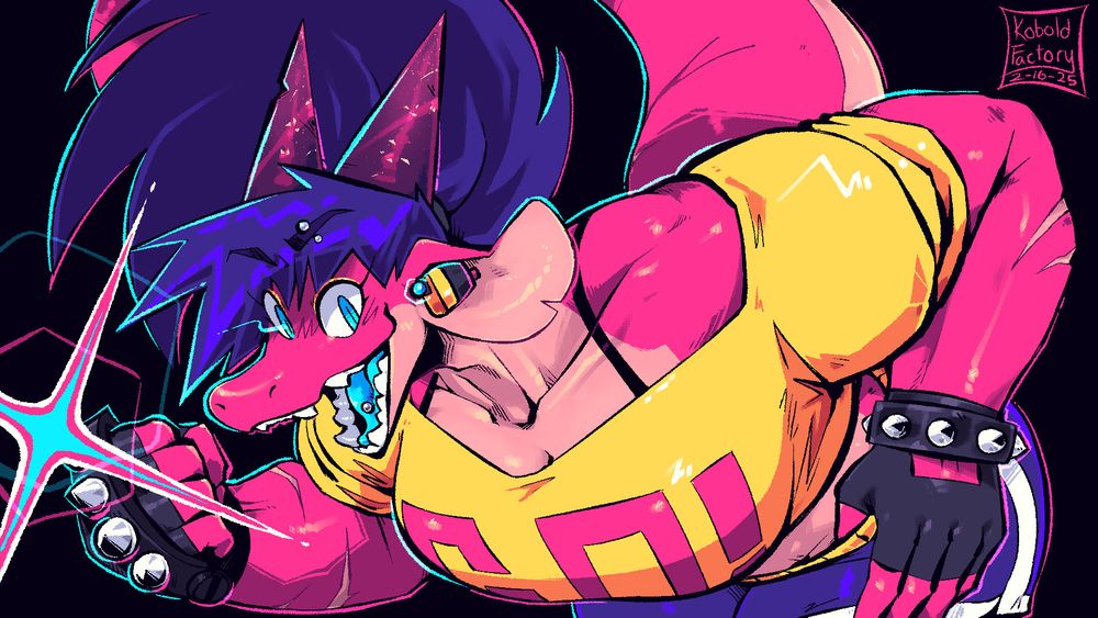 a muscular pink dragon girl in athletic clothes leaning down towards the camera with a mischievous expression, brandishing brass knuckles. her name is Gogo!
