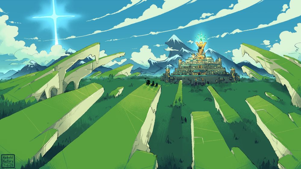 a shattered landscape of towering rock formations loom above a massive pine forest with a large city at its heart. the glimmering Rift Star shimmers over the horizon in the northwest 