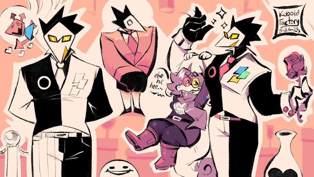 Various drawings of the deltarune character "Swatch" who is a birdlike butler with black and white attire and yellow and orange glasses. My kobold fursona is hanging off of his arm and giggling. 