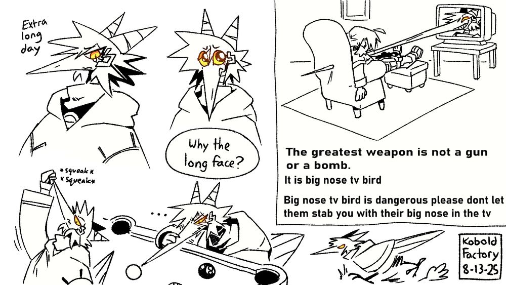 various doodles of Zee (they/them), who is a pointy anthropomorphic crow with horns, having their nose stretched out far longer than normal doing multiple silly activities, such as: stabbing someone or playing pool.