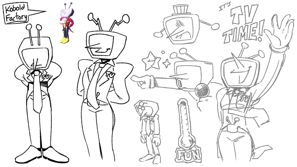 various doodles of the character Tenna from deltarune chapter 3. Tenna is a tall person in a red suit with a TV for a head.