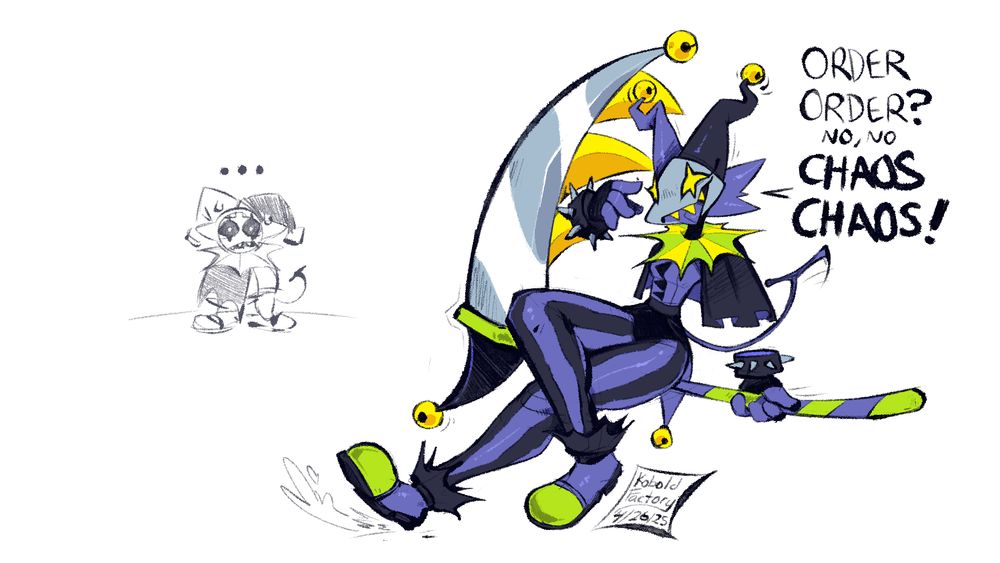 Tasque Manager from deltarune in an outfit similar to Jevil's. She's leaning back on her scythe and saying, "Order Order? no, no. Chaos Chaos!"
