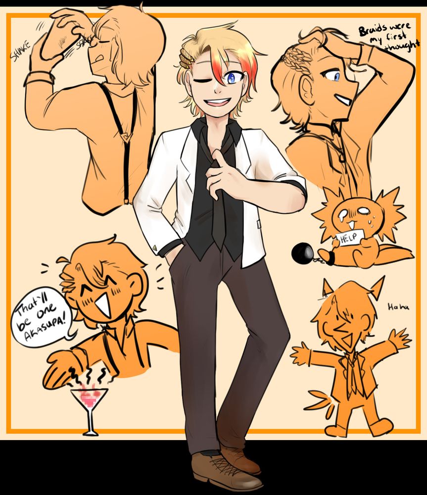 doodles of axel from holostars-en in a host-like suit, based on his new outfit silhouette