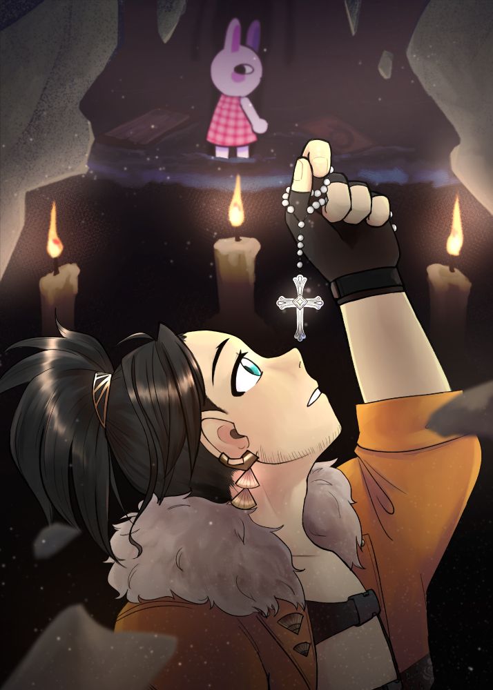 josuiji shinri examines a rosary with umi from rental standing the water in the background