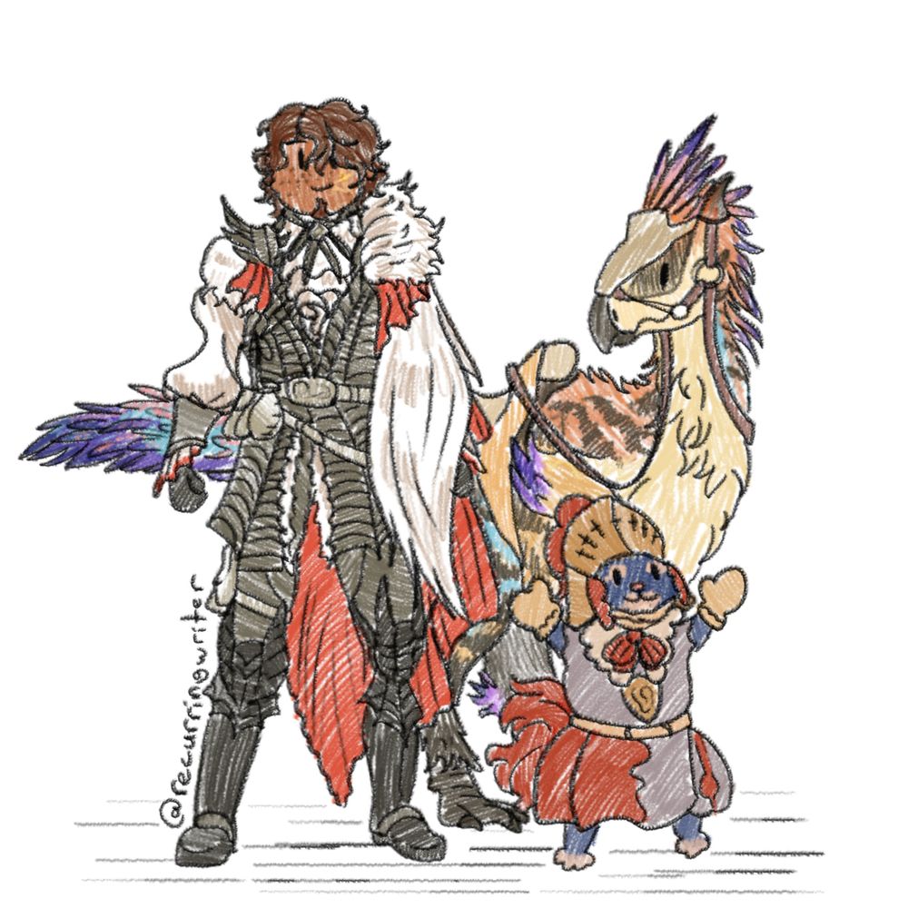 A cute crayon-style drawing of a smiling, dark-skinned monster hunter wearing lala barina armour, beside a seikret and palico.