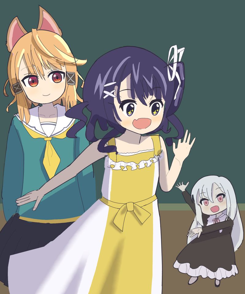 すきなキャラクターの二次創作イラスト。エレキレイトは他のキャラクターを紹介する身振りをしていて、リコはエレキレイトに興味深々。ラティーファは後ろから眺めている。