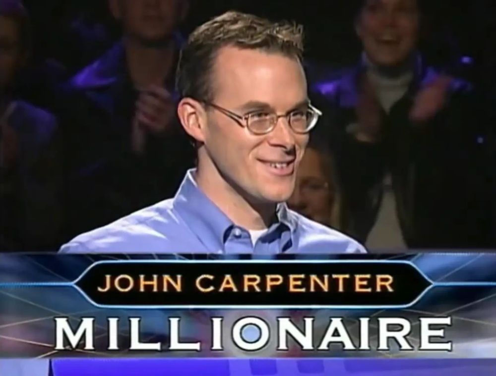A screenshot of the first ever Who Wants to Be A Millionaire Winner, John Carpenter and a picture of Jacob Wysocki humping a podium.