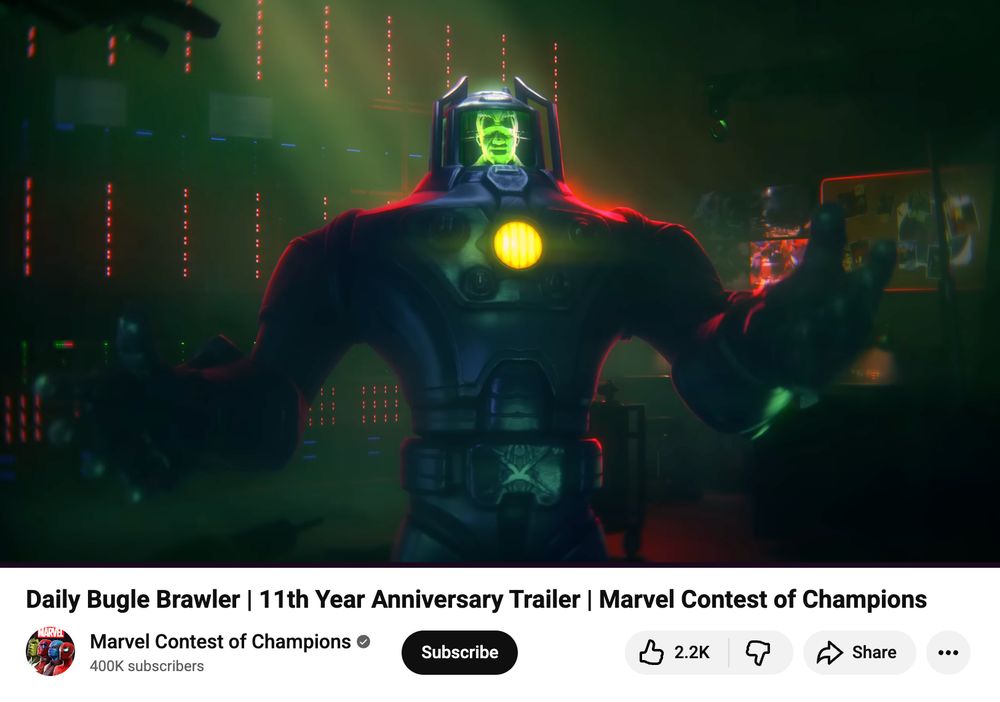 A screenshot of the Marvel Contest of Champions 11th Anniversary Trailer on YouTube.