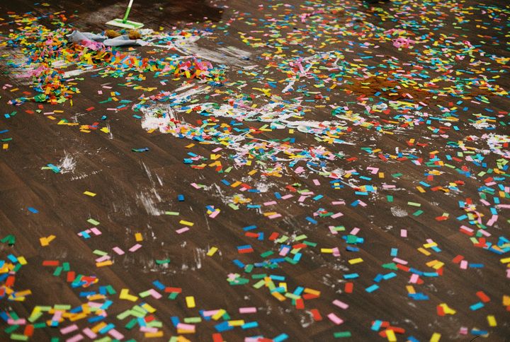 An absolute mess of a stage floor: confetti, white stuff, blood?! WHAT HAPPENED