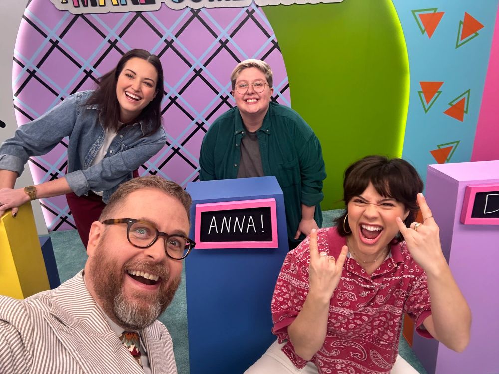 Sam, Jess, DJ, and Anna pose for a selfie on the set of Make Some Noise.