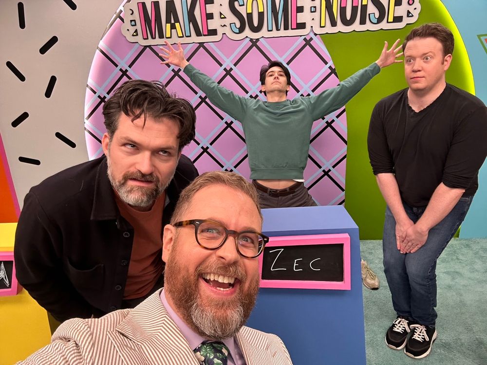 Jish, Zec, and Bronnon (this joke will make sense once you've seen the episode), and Sam take a selfie on the set of Make Some Noise.