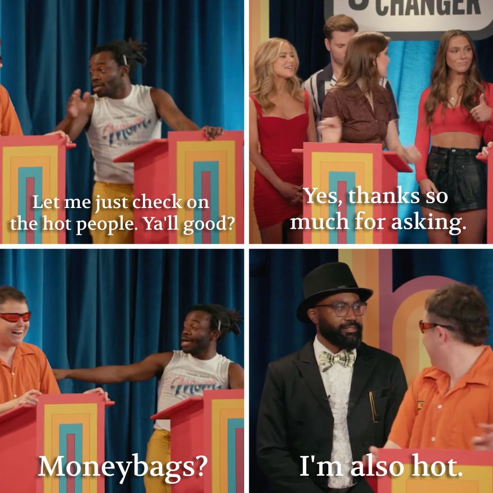 A four panel text conversation. Panel 1: Demi says "Let me just check on the hot people. Ya'll good?" Panel 2: The hot people respond: "Yes, thanks so much for asking." Panel 3: Demi turns to Raph and says "Moneybags?" Panel 4: Raph responds "I'm also hot."