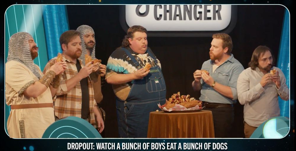 Jeremy Culhane addressing camera. Below him is text of what he is saying: "Dropout: Watch a Bunch of Boys Eat a Bunch of Dogs, Sponsored by LinkedIn'.
