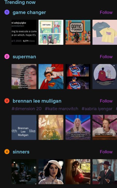 A screengrab from the Trending section of Tumblr. Rank 1 is Game Changer, 2 is Superman, 3 is Brennan Lee Mulligan, and 4 is Sinners.