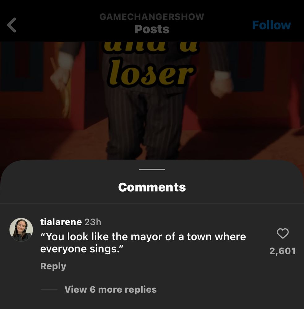 Screenshots of the trailer from Instagram, YouTube, and TikTok, where the top comment on each references Pete Holmes' roast of Sam "you look like the mayor in a town where everyone sings".