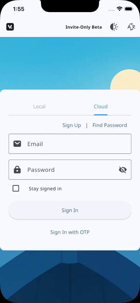 The Visualkube app on an iOS device in light mode, showing the 'Cloud' path (Free Plus & Premium) tab with the 'Email' and 'Password' sign-in form.