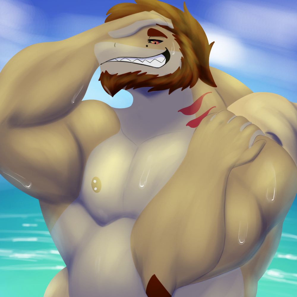 a sweaty anthropomorphic shark! he looks at the viewer with a mischievous grin