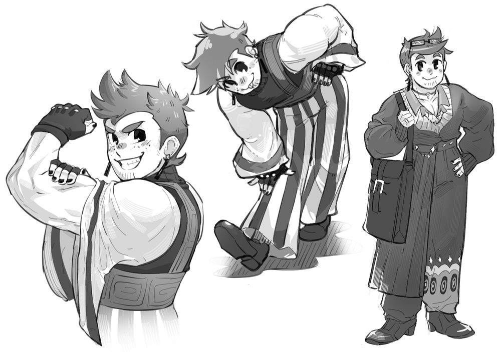 Three images of the same character in different poses or outfits. He is a man in grayscale coloring, with short spiky hair, drop earrings, and a big smile. One image has him flexing his muscular arm with his sleeve pulled back. The middle image has him in a pose I struggled to draw correctly that involves him playfully hunched over resting a palm on his knee. The third image has him in a more fashionable outfit, sporting glasses atop his head, a pair of high-waisted pants that have a hakama-like skirt wrapping near the front, and he is holding a large art bag hanging from one shoulder. He is gorgeous and beautiful and actually my husband. 