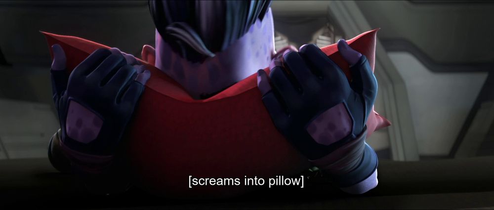 Dal from Star Trek: Prodigy. Caption reads: "Screams into pillow"