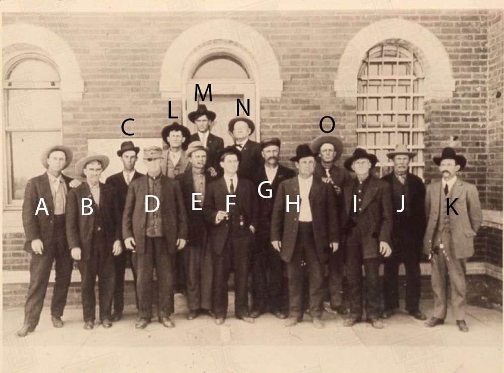 Photo 1: Will H. Flynn, Lubbock sheriff, far right at first murder trial by Jury in Lubbock, 1912.