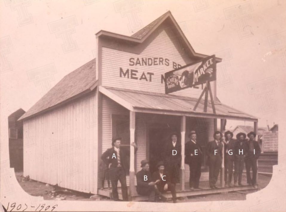 Early Lubbock businesses (unidentified men in front of Sanders Bros. Meat Market).