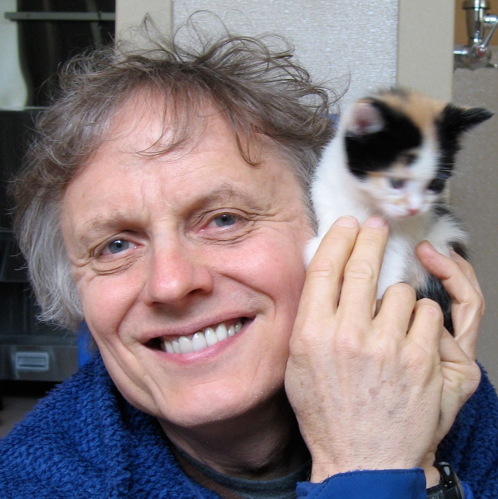 Photo of Phillip Bimstein, smiling and holding up a tiny calico kitten next to his face.