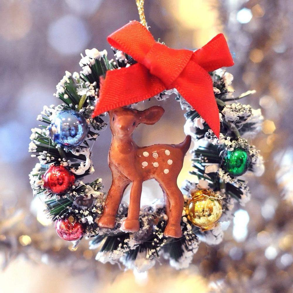 Mini wreath ornament with a tiny deer and vintage mercury ball ornaments 