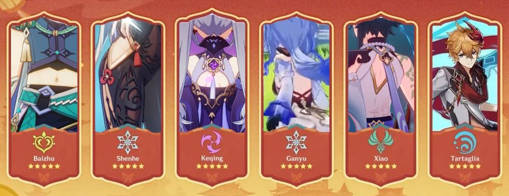 genshin impact chronicled wish banner but instead of the character it shows a close up crop of parts of their design with revealing skin ft. characters of baizhu, shenhe, keqing, ganyu, xiao. with the last character being tartaglia who does not have a closeup reveleaed as he is the topic of the post