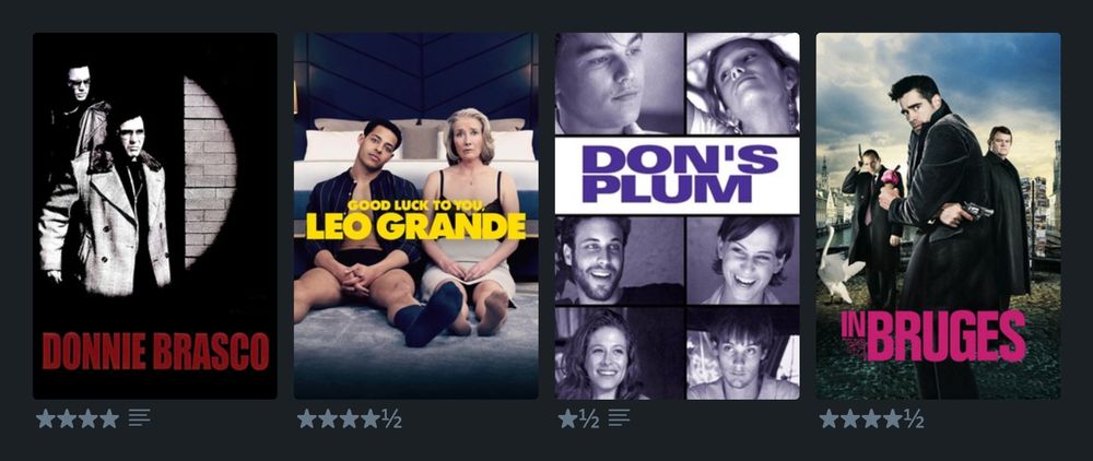 Donnie Brasco, Good Luck To You, Leo Grande, Don's Plum, In Bruges 
