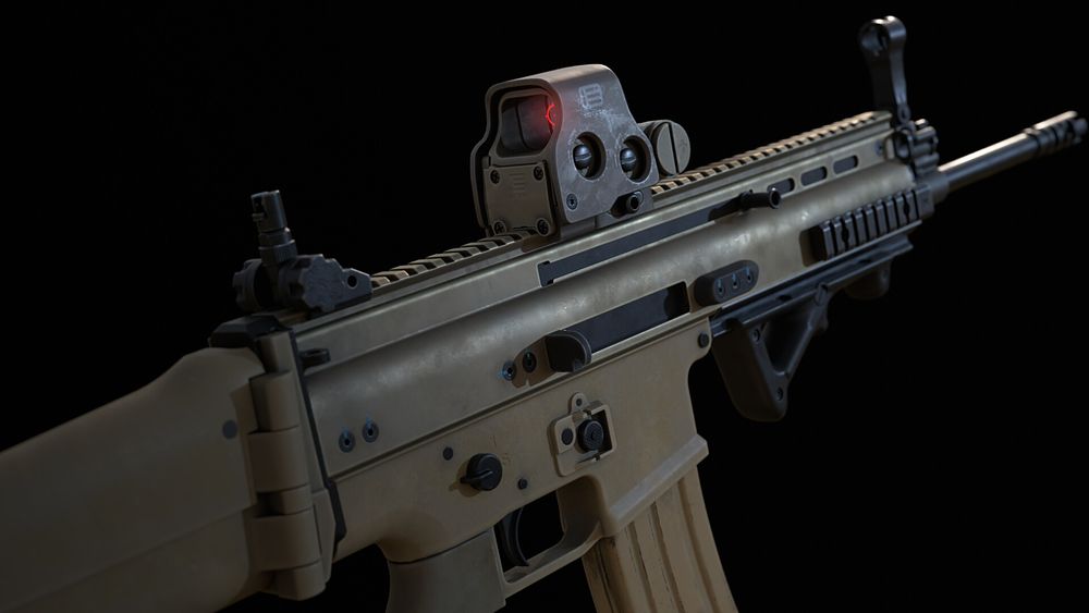 A 3d realtime game model of a SCAR rifle, with an attached RDS sight. The rifle is tan coloured with black metal accented parts, on a black background.
