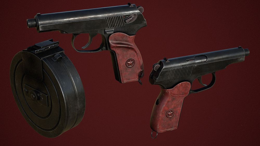 A Makarov pistil, from both sides, against a red background. The pistol is slightly blued metal with a orange bakelite grip. A drum magazine is also in the picture.