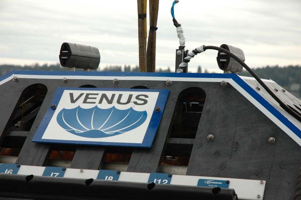 A large black metal instrument with a white sign on the front. The sign displays the word "VENUS" in bold letters and an illustration of a clam shell underneath.