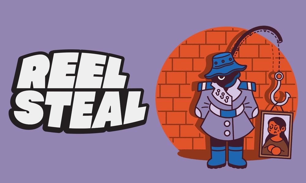 Cover art for Reel Steal for the Playdate. (Depicting a trenchcoated stranger using a fishing rod to steal the Mona Lisa)